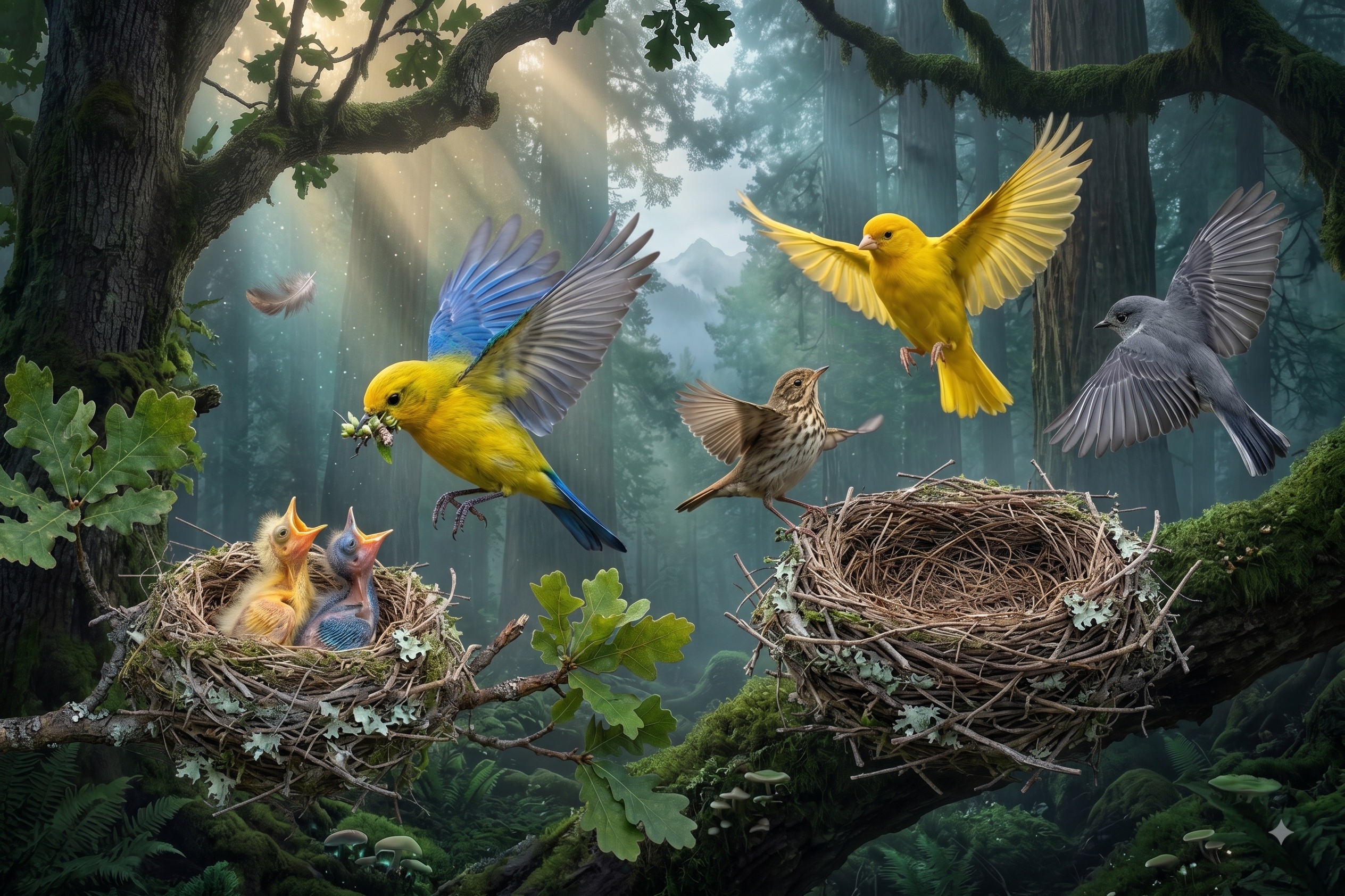Parent birds guiding their young from the nest — Geervanee's teaching philosophy of fostering independence, not spoon-feeding